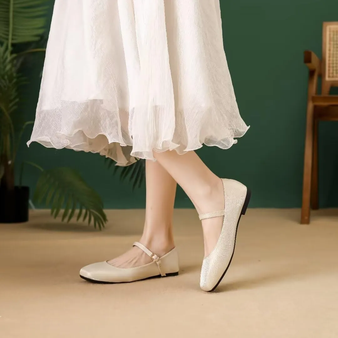 Stunner Women's Retro Square Toe Mary Jane Flats Comfortable One Line Strap Flats