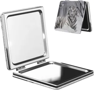 The Wild White Tiger Printed Square Pocket Makeup Mirror with 1X/2X Magnification, Portable Mini Travel Makeup Mirror for Travel Daily Work Beauty