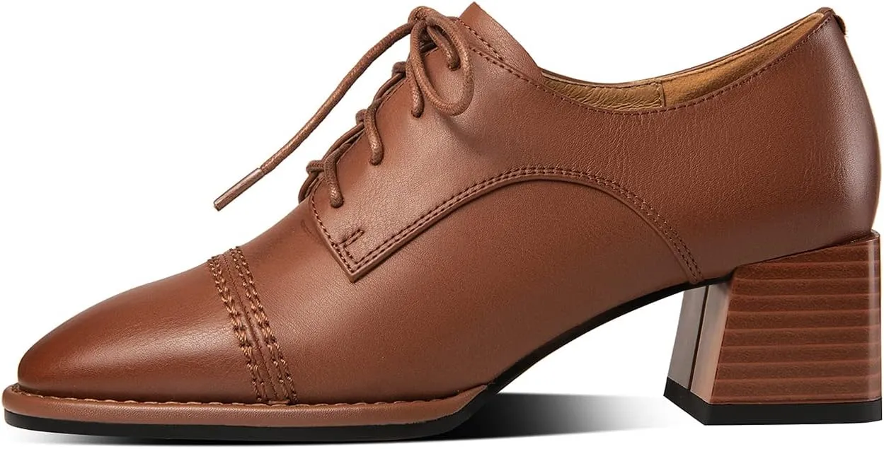 TinaCus Women's Genuine Leather Handmade Block Heel Lace Up Oxford Pumps