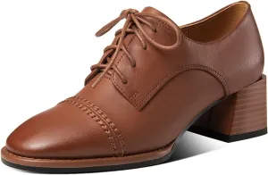 TinaCus Women's Genuine Leather Handmade Block Heel Lace Up Oxford Pumps