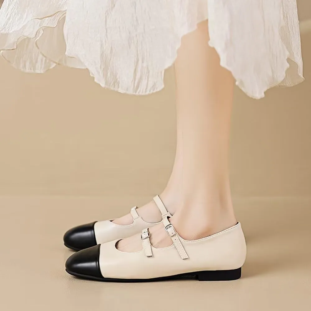 TN TANGNEST Leather Flats for Women Comfortable Round Toe Slip On Ballet Flats Retro Dress Mary Jane Flats
