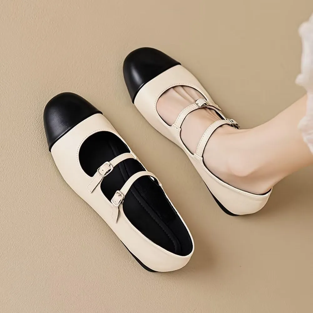 TN TANGNEST Leather Flats for Women Comfortable Round Toe Slip On Ballet Flats Retro Dress Mary Jane Flats