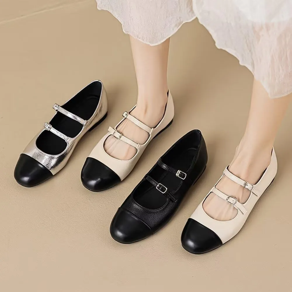 TN TANGNEST Leather Flats for Women Comfortable Round Toe Slip On Ballet Flats Retro Dress Mary Jane Flats