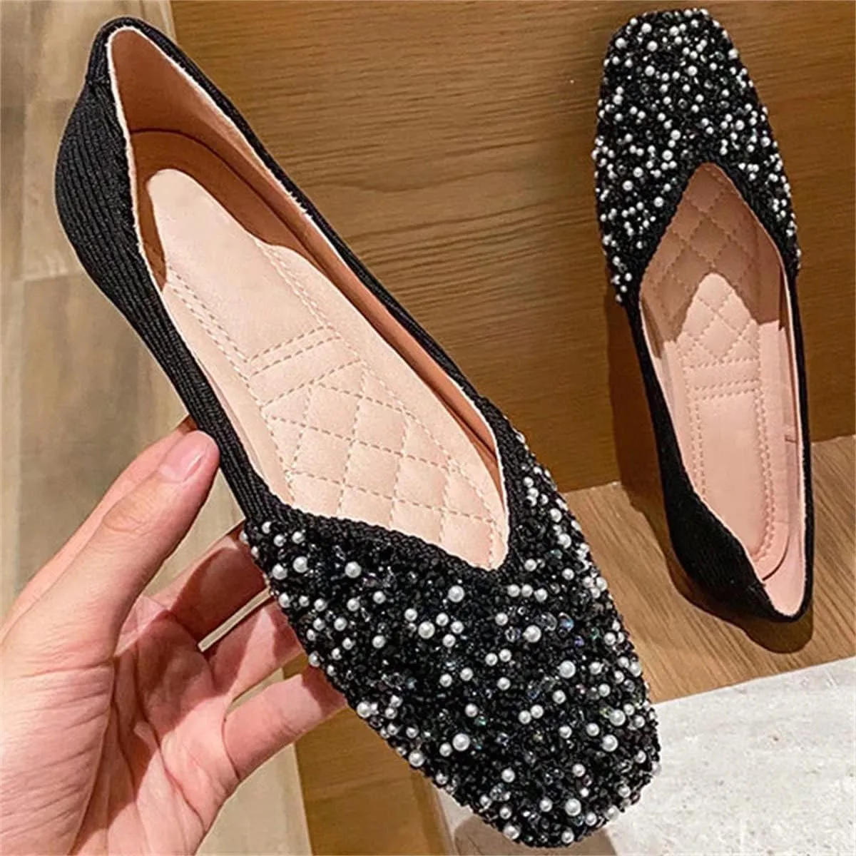 TN TANGNEST Women's Rhinestone Flats Comfortable Square Toe Slip on Flat Shoes