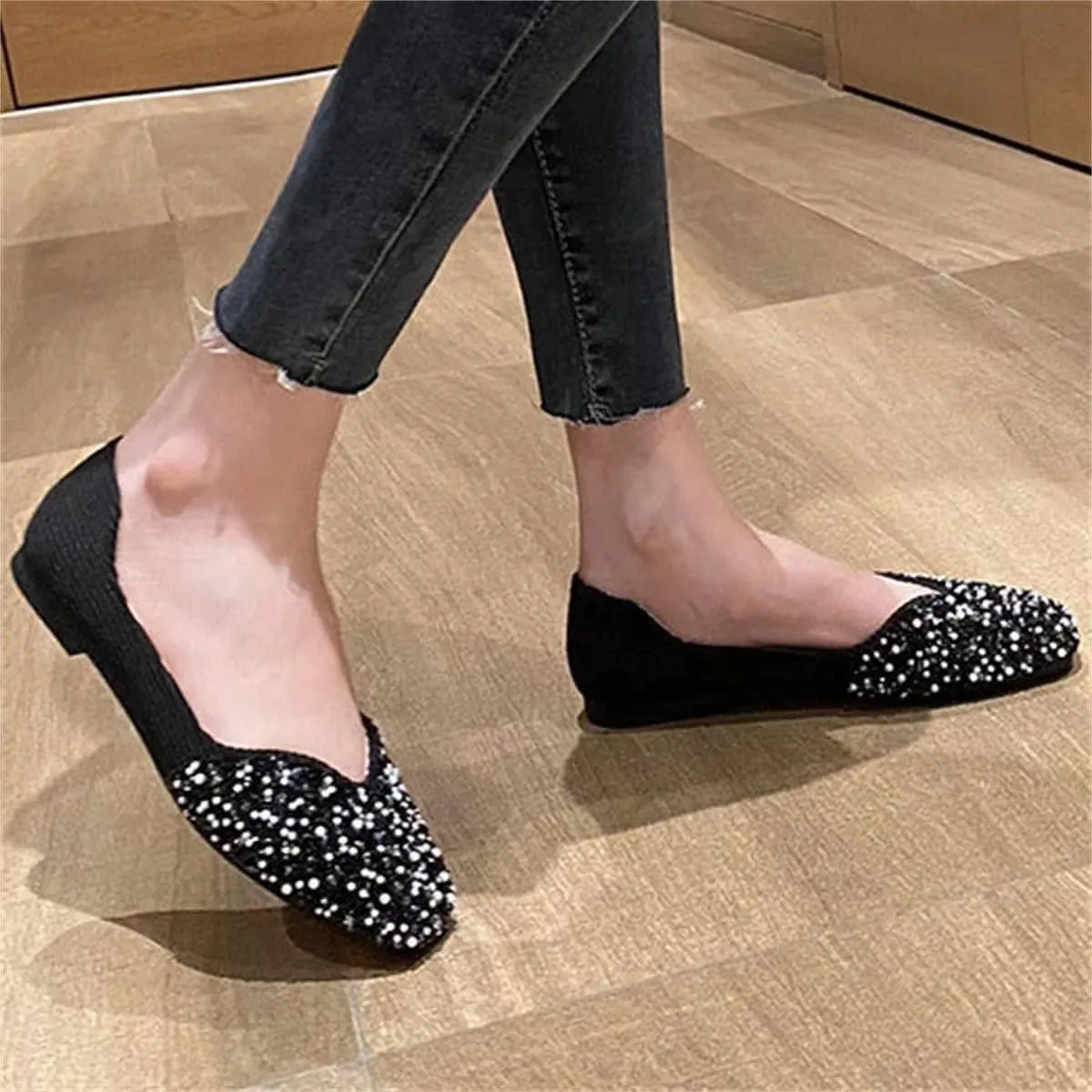 TN TANGNEST Women's Rhinestone Flats Comfortable Square Toe Slip on Flat Shoes