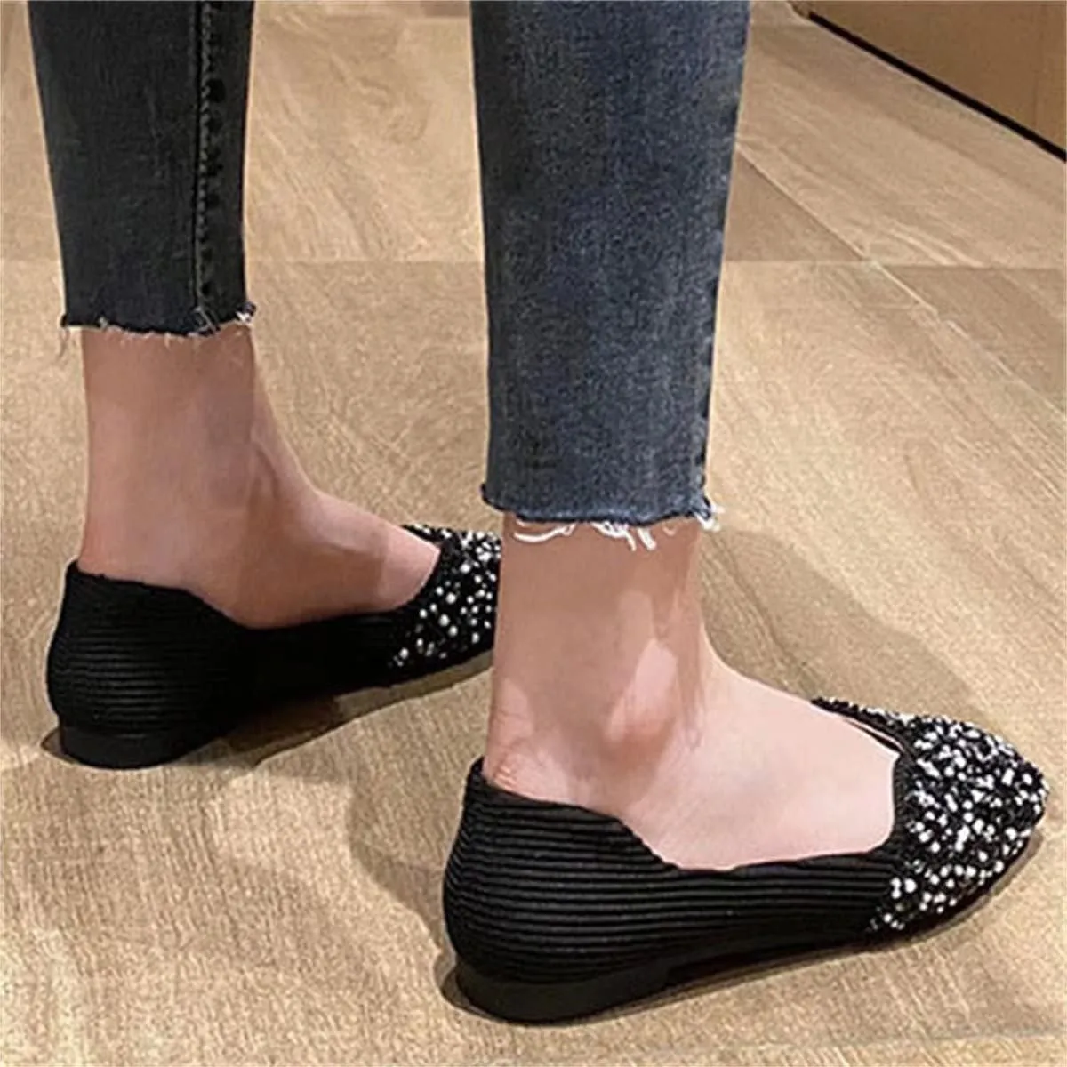 TN TANGNEST Women's Rhinestone Flats Comfortable Square Toe Slip on Flat Shoes