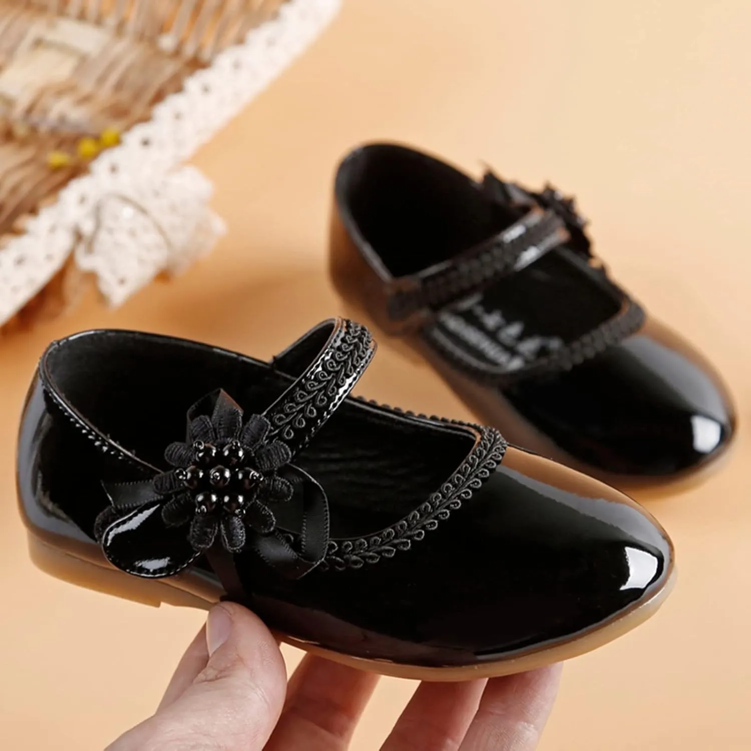 Toddler Girls Dress Shoes Toddler Kid Mary Jane with Pearls Low Heels Pumps for Flower Girl Wedding Party