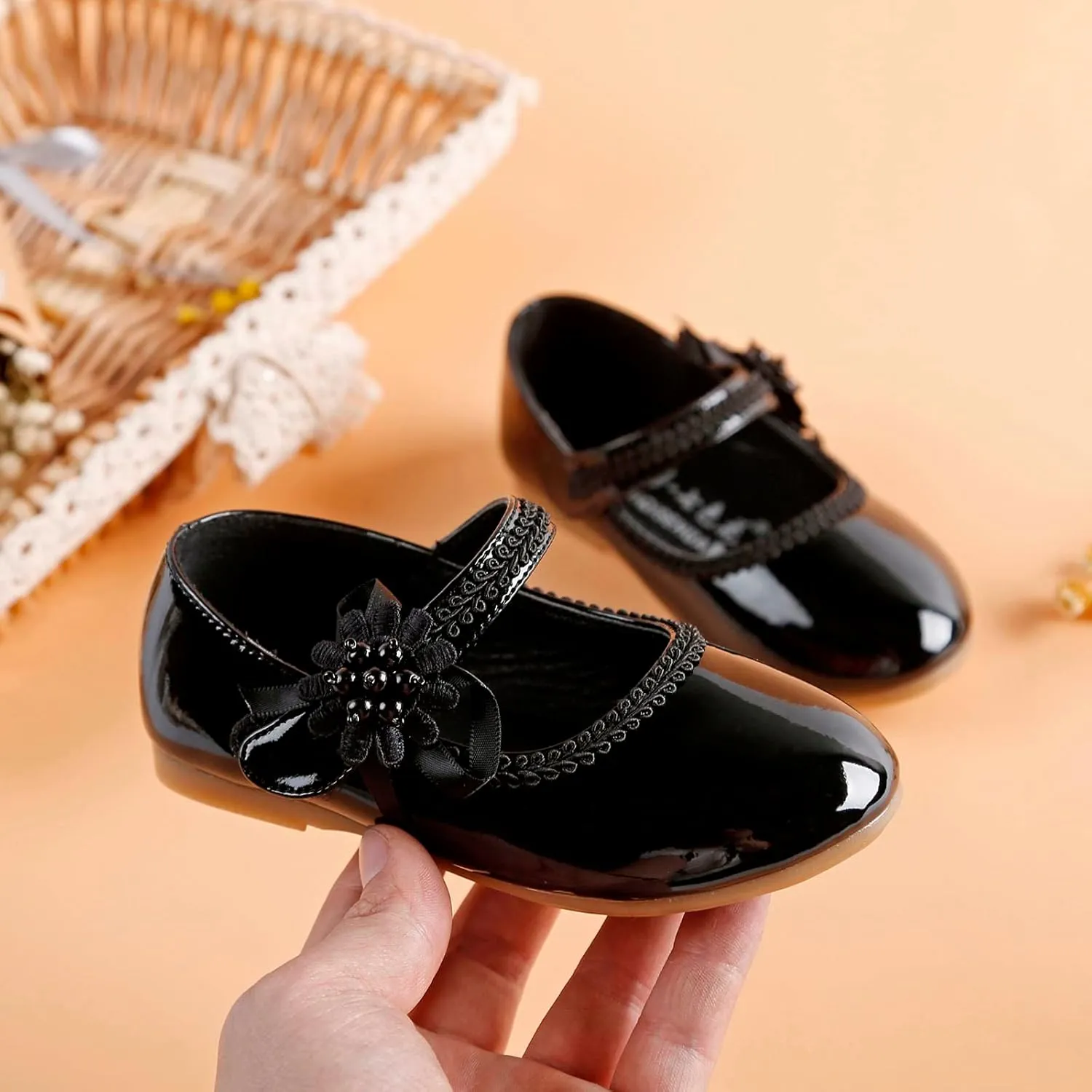 Toddler Girls Dress Shoes Toddler Kid Mary Jane with Pearls Low Heels Pumps for Flower Girl Wedding Party