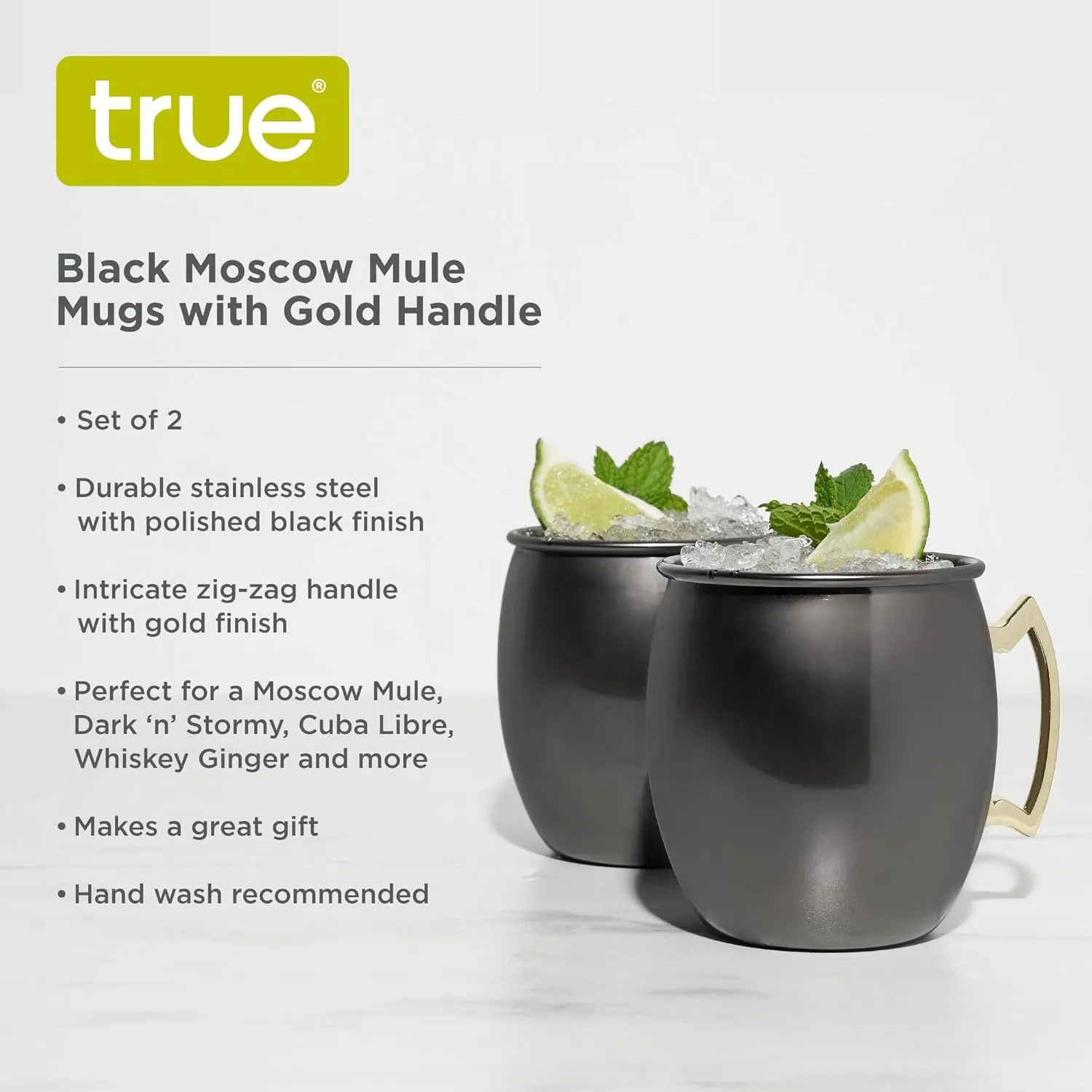 True Moscow Mule Mug, Stainless Steel, Copper Cups for Moscow Mules, Copper Bar Cart Accessories, 16 oz, Set of 2