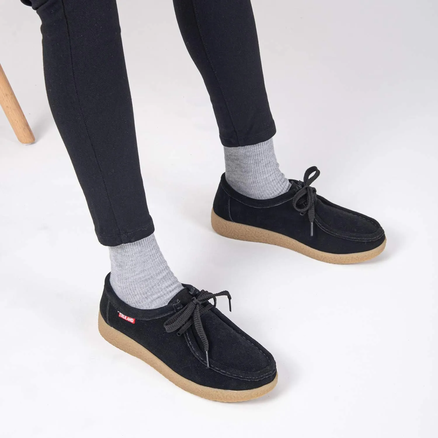 TRULAND Leather Oxford Shoes for Women - Suede Lace Up Moc Toe Low Platform Flat Wallabees Shoes