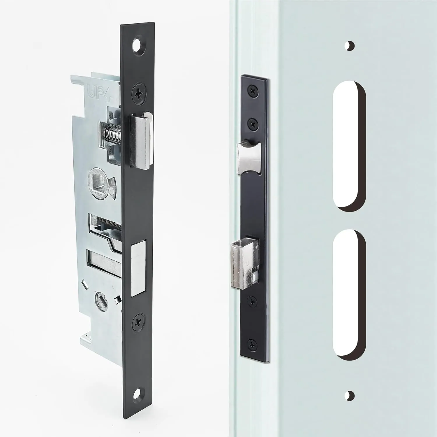 US Flat Slot Storm Door Mortise Lock Body Fits for Larson Screen Away Doors, 5/16" Square Spindle Hub, 2-1/2" Handle PZ, 7/8" Backset, 7" Faceplate H.C., Non-Handed, Matte Black