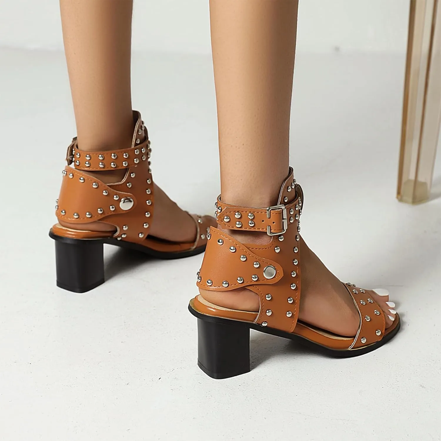 UTIKLIOU Women's Low Chunky Heels Sandals Ankle Strap Open Toe Comfy Block Heeled Sandals Buckle Straps Punk Studded Leather Sandals
