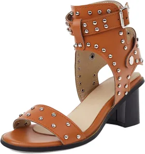 UTIKLIOU Women's Low Chunky Heels Sandals Ankle Strap Open Toe Comfy Block Heeled Sandals Buckle Straps Punk Studded Leather Sandals