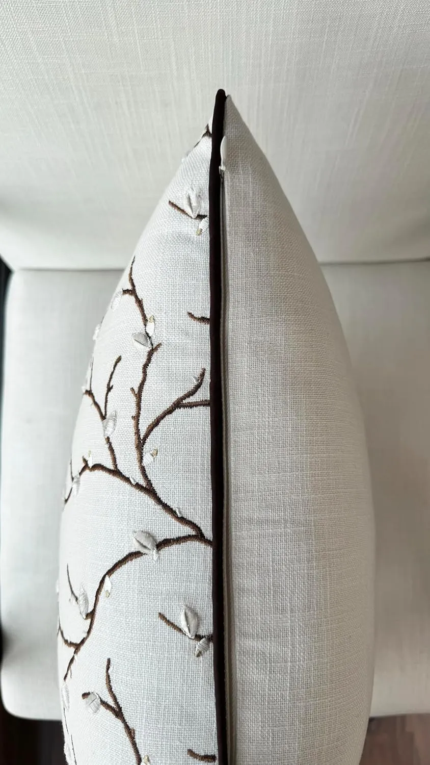 VAGMINE Embroidered Pussy Willow Throw Pillow Cover - 20x20 Inches Square - 100% Cotton Ivory Cushion Cover - Delicate Floral Stitchwork - Chic Home Accent for Sofa, Lounge, Rustic Farmhouse Décor