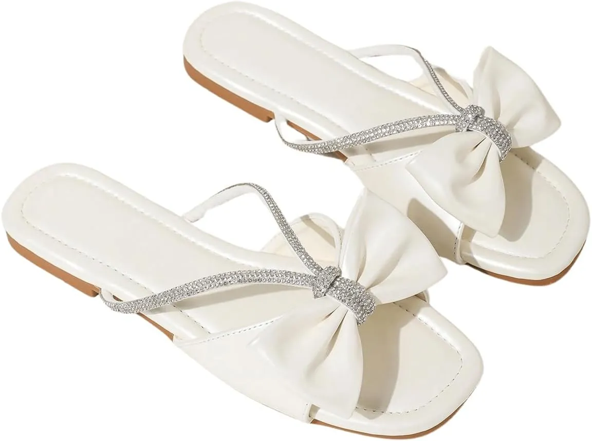 Verdusa Women's Bow Sandals Sparkle Rhinestone Open Front Summer Flat Slides