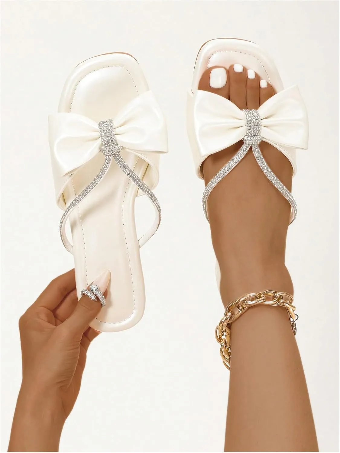 Verdusa Women's Bow Sandals Sparkle Rhinestone Open Front Summer Flat Slides