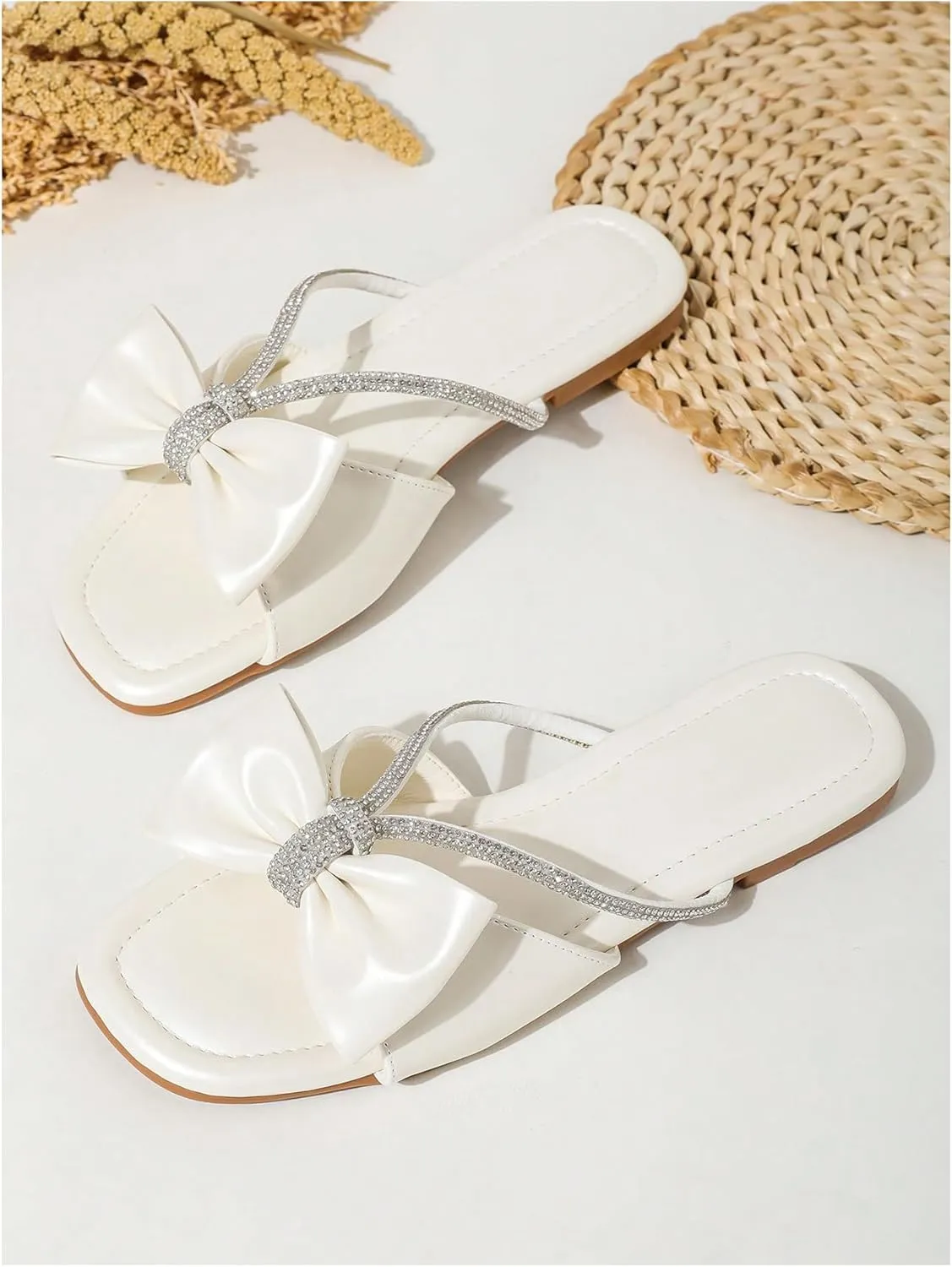 Verdusa Women's Bow Sandals Sparkle Rhinestone Open Front Summer Flat Slides