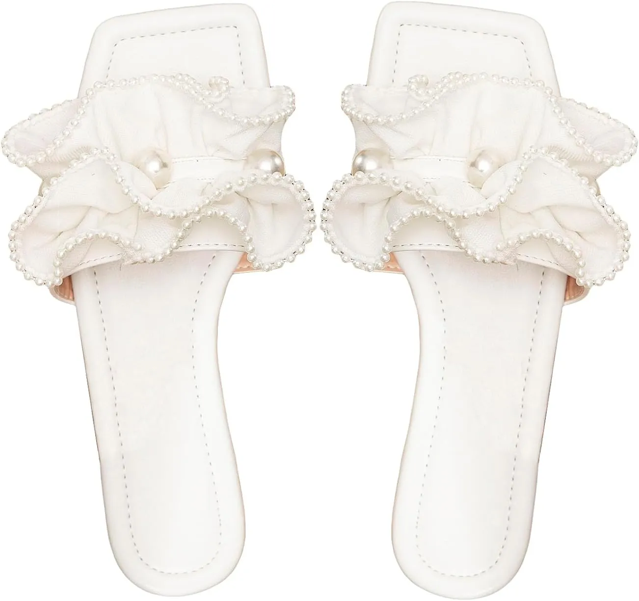 Verdusa Women's Ruffle Pearl Sandals Square Toe Slip on Slides Summer Slippers