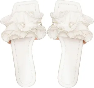 Verdusa Women's Ruffle Pearl Sandals Square Toe Slip on Slides Summer Slippers