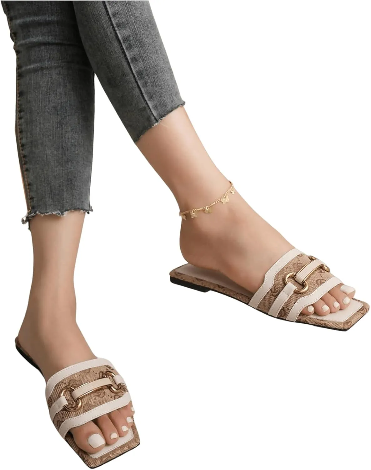 Verdusa Women's Square Open Toe Slide Sandals Single Band Flat Sandals