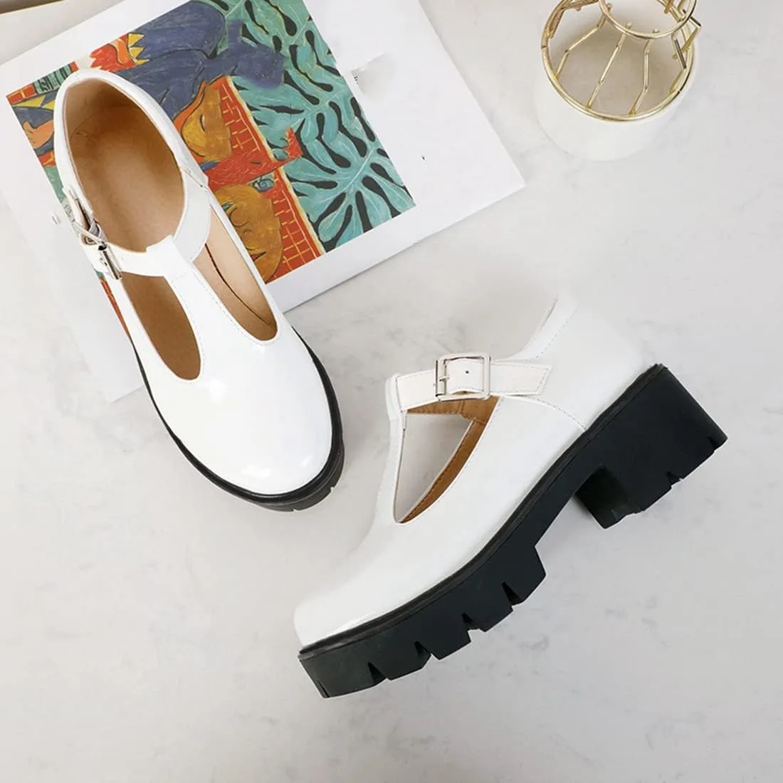 VOKLIN Women's Round Toe Platform T-Strap Mary Jane Pumps Chunky Mid Heel Classic School Oxford Dress Shoes