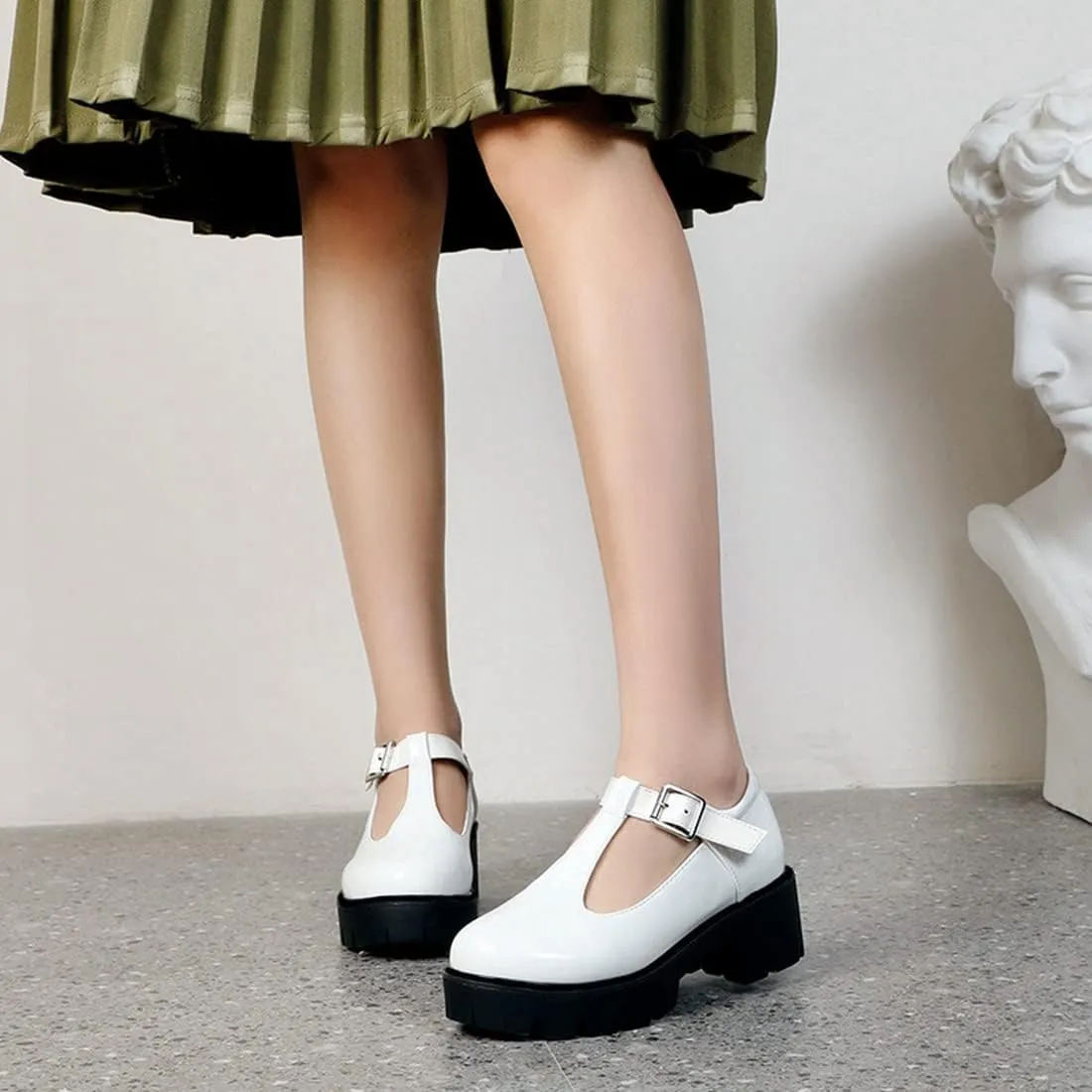 VOKLIN Women's Round Toe Platform T-Strap Mary Jane Pumps Chunky Mid Heel Classic School Oxford Dress Shoes