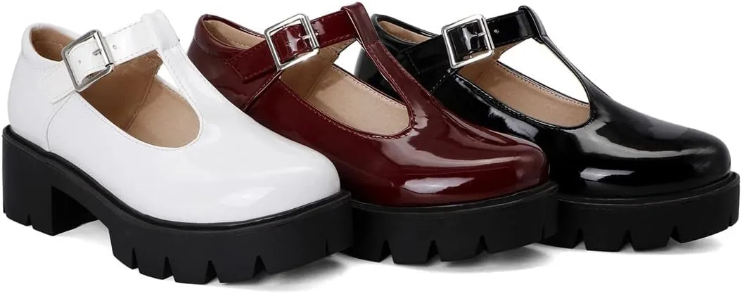 VOKLIN Women's Round Toe Platform T-Strap Mary Jane Pumps Chunky Mid Heel Classic School Oxford Dress Shoes