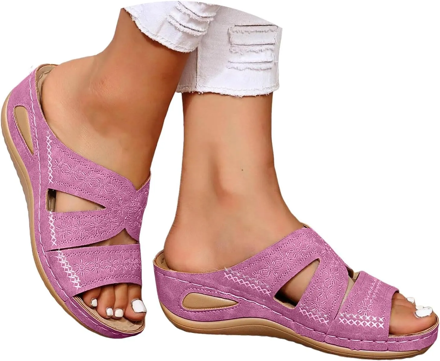 Wedge Sandals For Women 2025,Comfy Slip On Summer Low Wedges Heel Womens Sandal Ladies Plantar Fasciitis Recovery Mules Open Toe X-Strap Casual Shoes for Daily Wear Outdoor Indoor