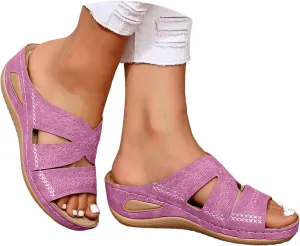 Wedge Sandals For Women 2025,Comfy Slip On Summer Low Wedges Heel Womens Sandal Ladies Plantar Fasciitis Recovery Mules Open Toe X-Strap Casual Shoes for Daily Wear Outdoor Indoor