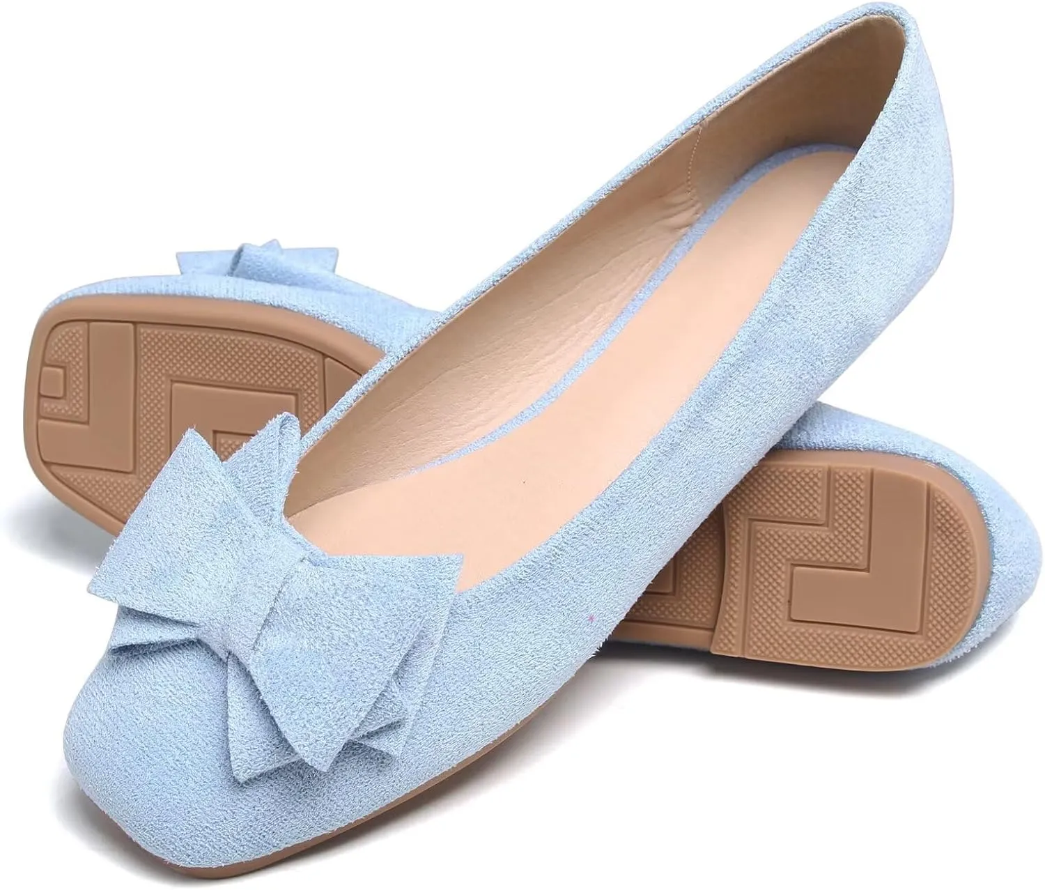 WENJIAZHIZHI Bowknot Ballet Flats Womens Square Toe Bowtie Flat Shoes Suede Dress Shoes Wear to Work Slip On Moccasins