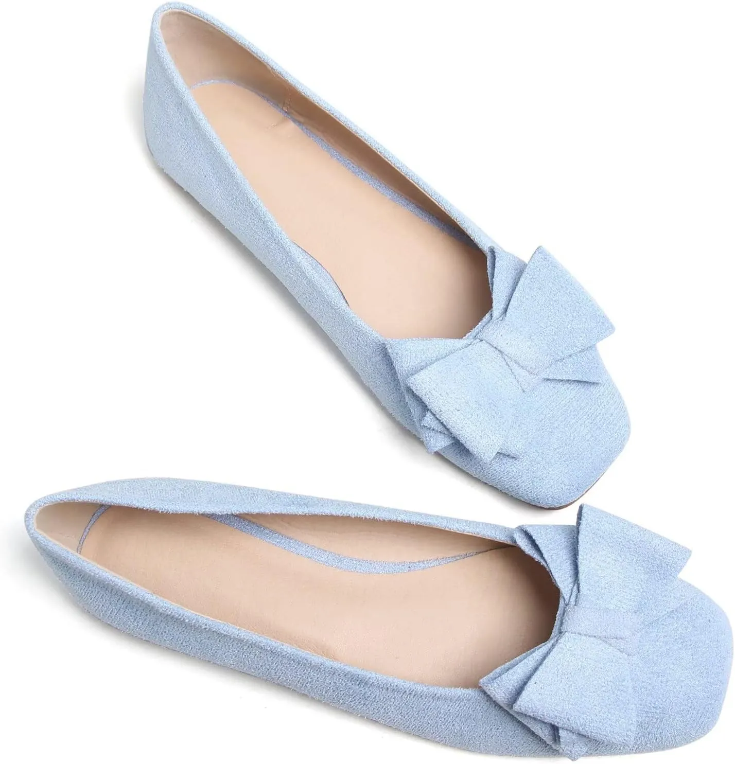 WENJIAZHIZHI Bowknot Ballet Flats Womens Square Toe Bowtie Flat Shoes Suede Dress Shoes Wear to Work Slip On Moccasins
