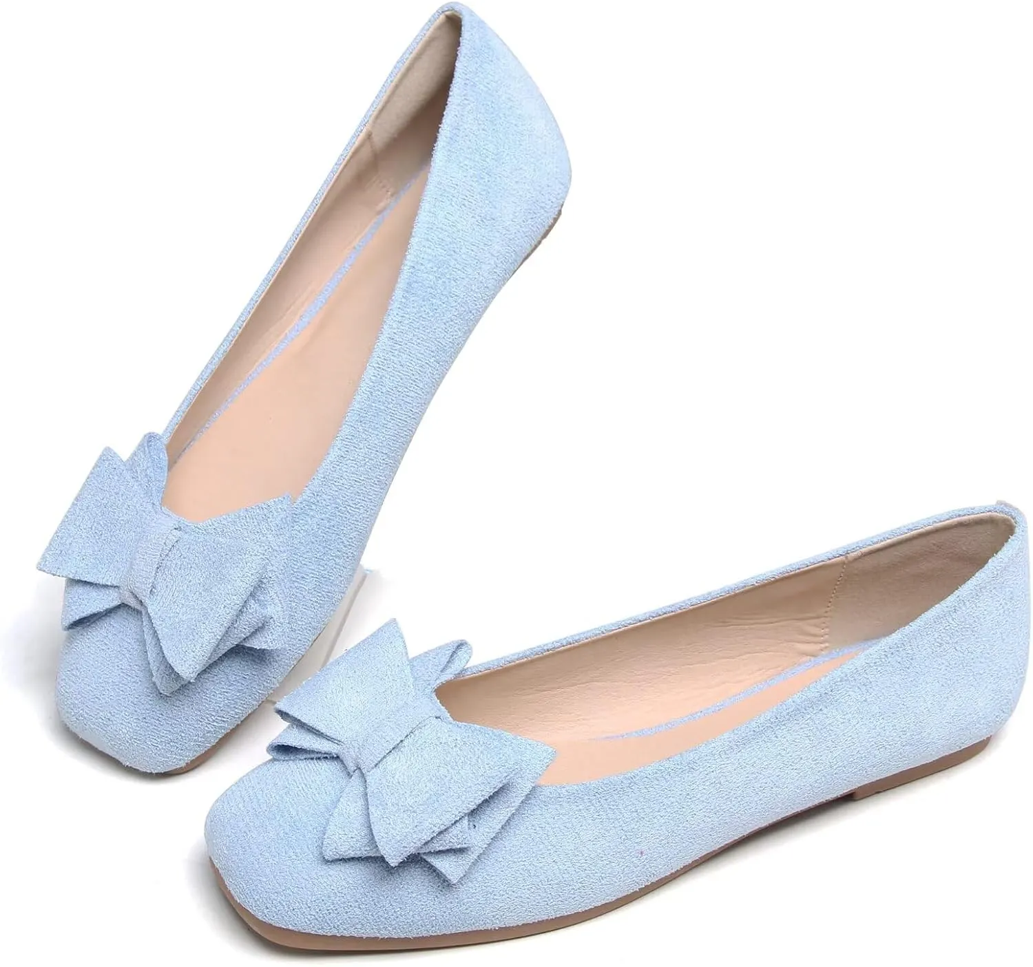 WENJIAZHIZHI Bowknot Ballet Flats Womens Square Toe Bowtie Flat Shoes Suede Dress Shoes Wear to Work Slip On Moccasins