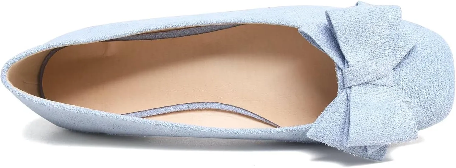 WENJIAZHIZHI Bowknot Ballet Flats Womens Square Toe Bowtie Flat Shoes Suede Dress Shoes Wear to Work Slip On Moccasins