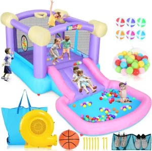 Whubefy Bounce House for Kids 3-6 with Ball Pit Pool & 50 Balls, 5-in-1 Inflatable Bouncy Castle with ETL Certified Blower, Slide, Dart Board with 6 Sticky Balls, Basketball Hoop & Storage Bag