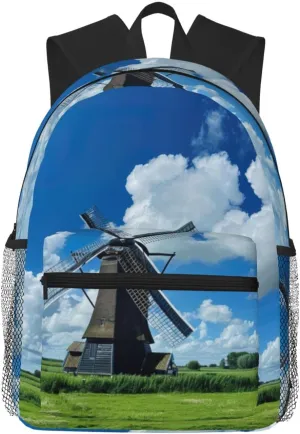 Windmill Blue College Backpack For Women Men,Lightweight Travel Bag Backpack With Pockets for Women Men