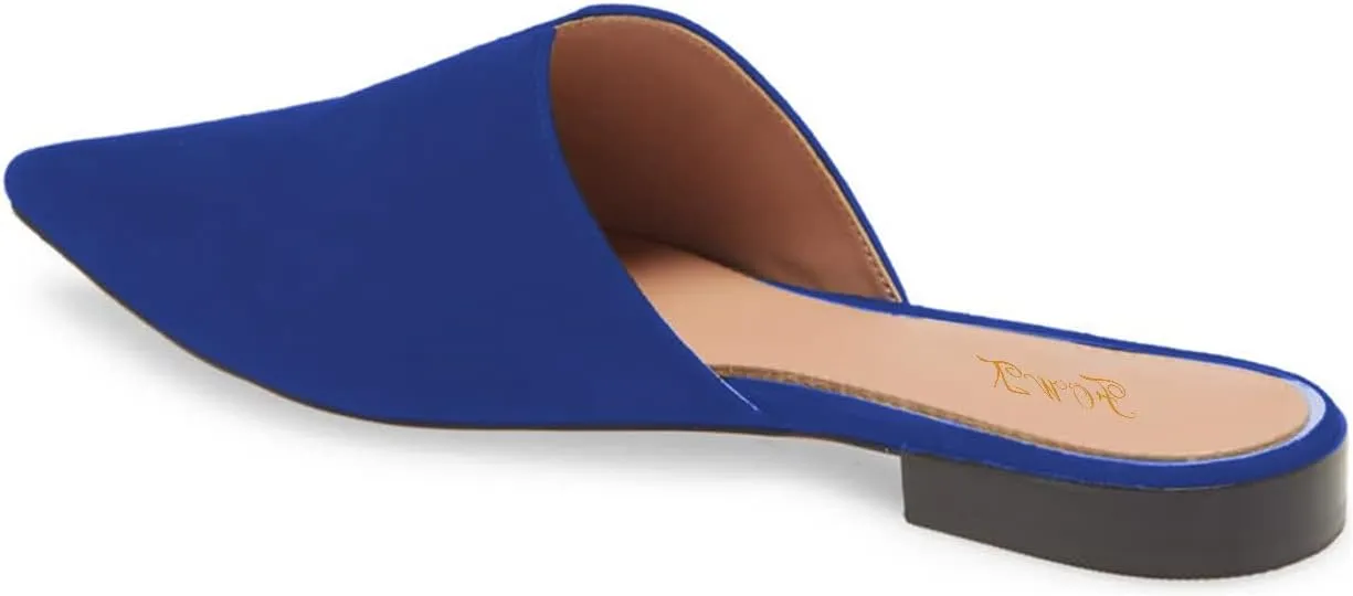 Women Fashion Suede Mules, Sexy Closed Pointed Toe Flat Loafer, Low Heel Backless Mule Sandals, V Cut Lightweight Slip on Walking Shoes for Ladies, Elegant Dress Casual Slippers, Full Size 4-16 M US
