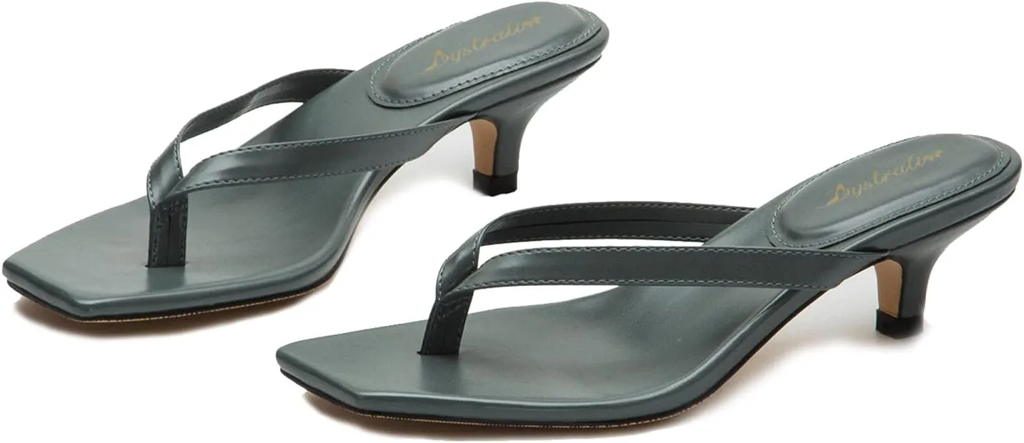 Women Flip-Flops Mules Kitten Heels Square Toe Thong Sandals Matte Comfy 1 inch Low Heel Slippers T-Straps Open Toe Outdoor Beach Summer Slip On Sandal Heels Basic Chic 4-11 M US