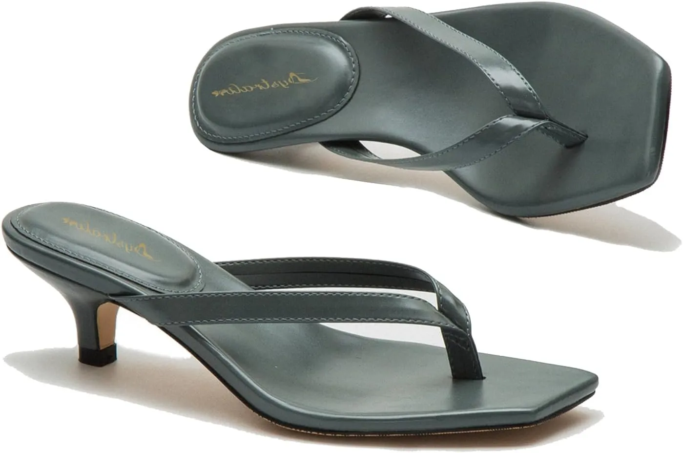 Women Flip-Flops Mules Kitten Heels Square Toe Thong Sandals Matte Comfy 1 inch Low Heel Slippers T-Straps Open Toe Outdoor Beach Summer Slip On Sandal Heels Basic Chic 4-11 M US