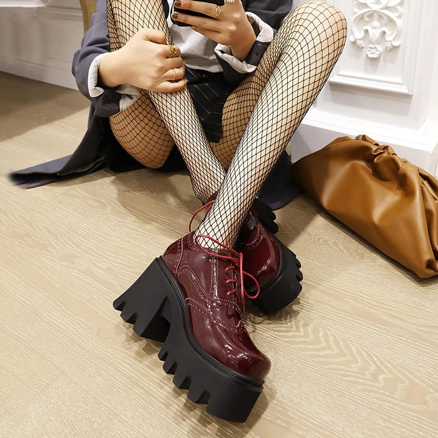 Women Goth Platform Booties Chunky High Heel Ankle Boots Square Toe Lace Up Wingtip Oxford Pumps
