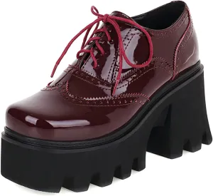 Women Goth Platform Booties Chunky High Heel Ankle Boots Square Toe Lace Up Wingtip Oxford Pumps