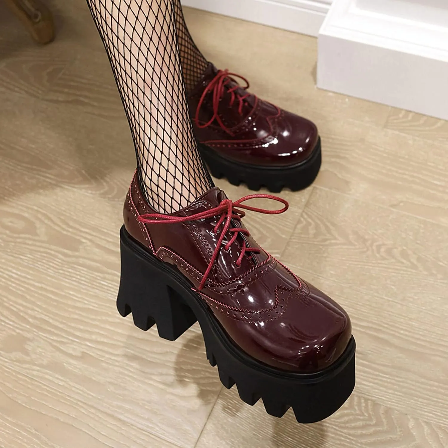 Women Goth Platform Booties Chunky High Heel Ankle Boots Square Toe Lace Up Wingtip Oxford Pumps