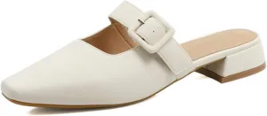 Women Square Toe Mary Jane Mules Chunky Low Heel Buckle Backless Pumps Slip on Slides Sandal Shoes