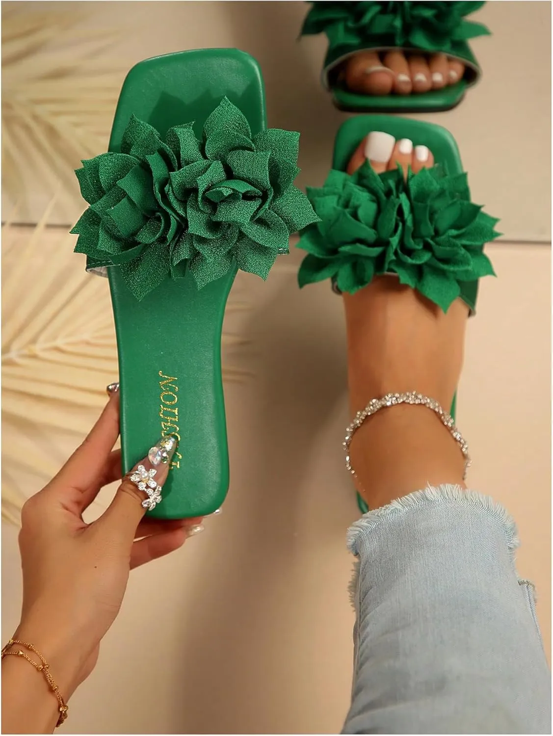 Women's 3D Floral Flat Sandals Dressy Square Open Toe Sandals Single Band Casual Slip on Slides