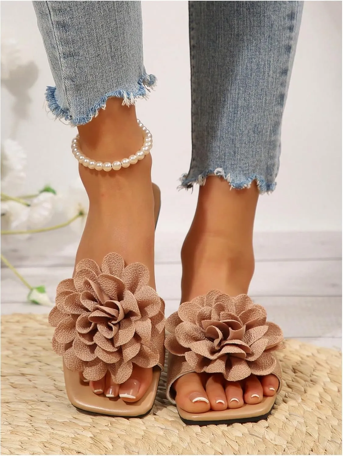 Women's 3D Floral Flat Sandals Dressy Square Open Toe Sandals Single Band Casual Slip on Slides