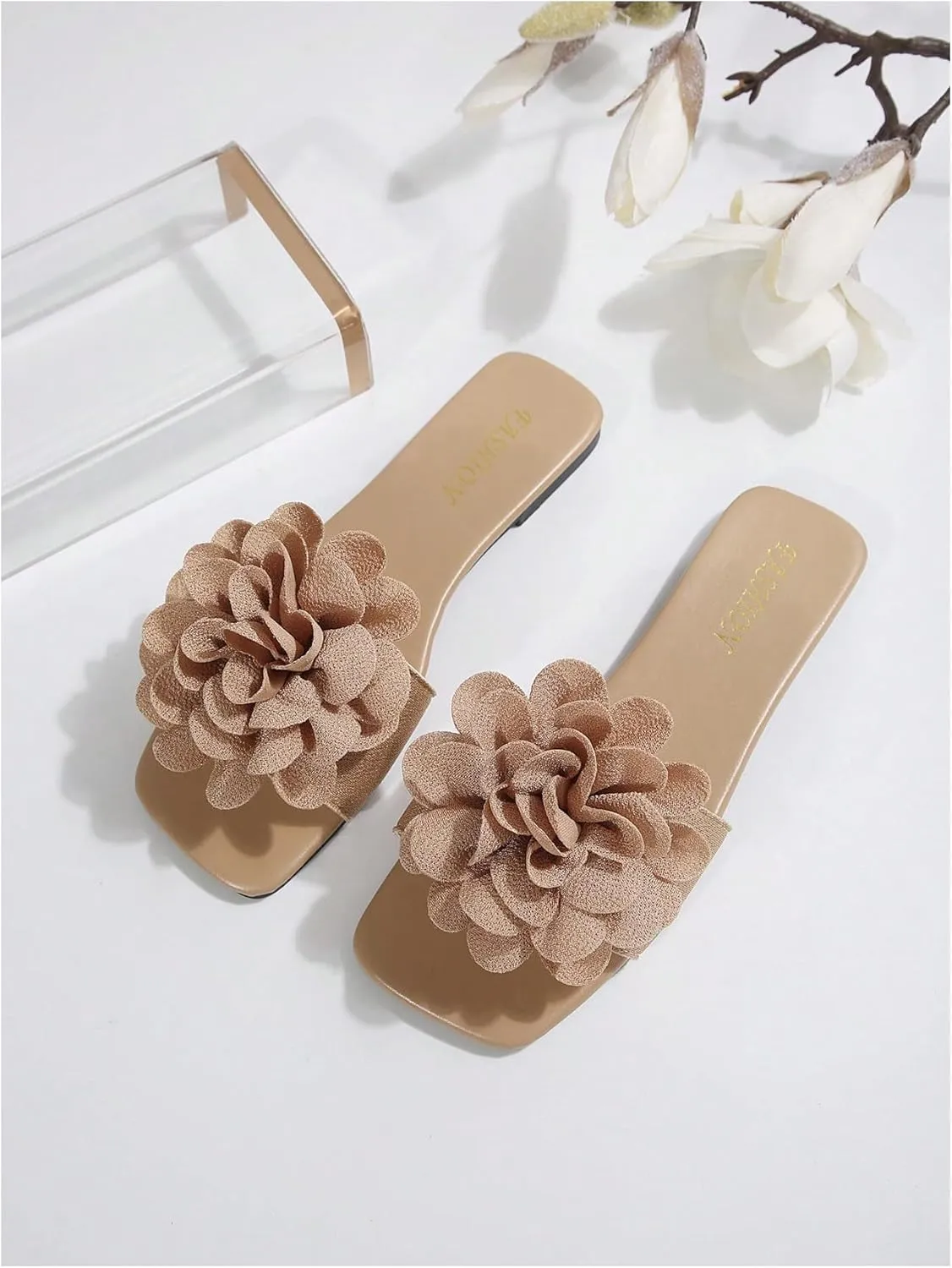 Women's 3D Floral Flat Sandals Dressy Square Open Toe Sandals Single Band Casual Slip on Slides