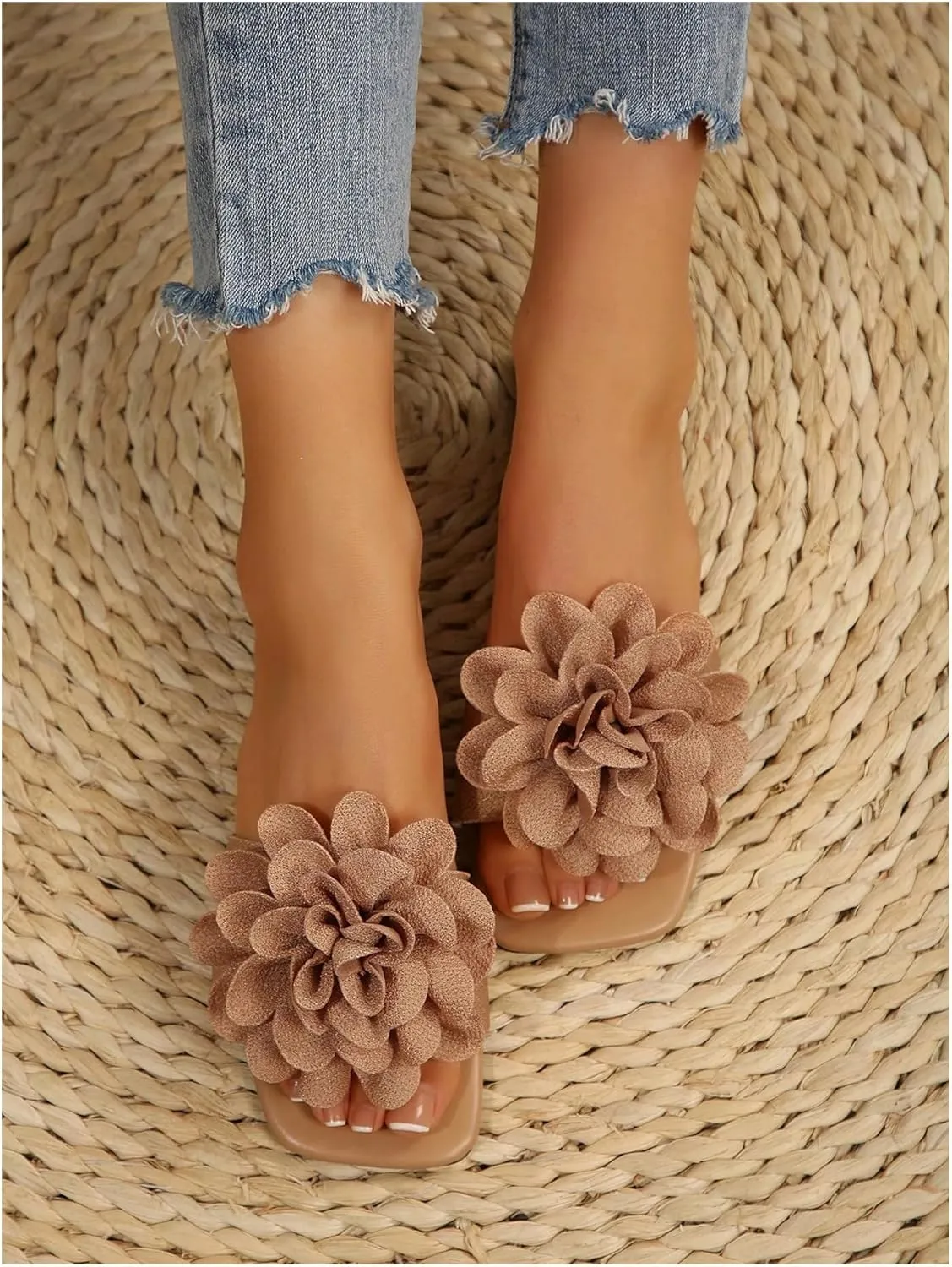 Women's 3D Floral Flat Sandals Dressy Square Open Toe Sandals Single Band Casual Slip on Slides