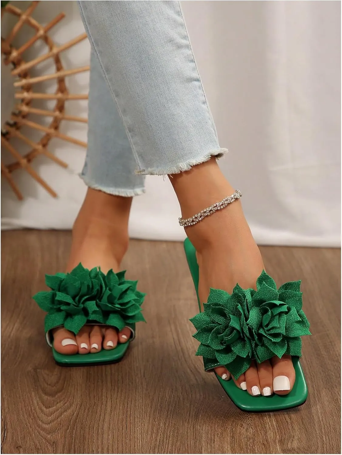 Women's 3D Floral Flat Sandals Dressy Square Open Toe Sandals Single Band Casual Slip on Slides