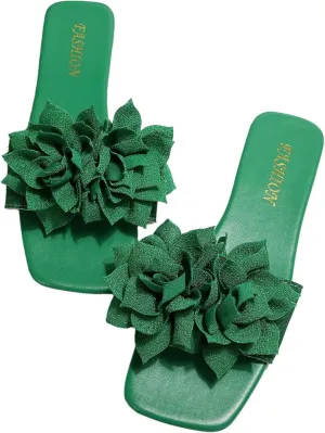 Women's 3D Floral Flat Sandals Dressy Square Open Toe Sandals Single Band Casual Slip on Slides