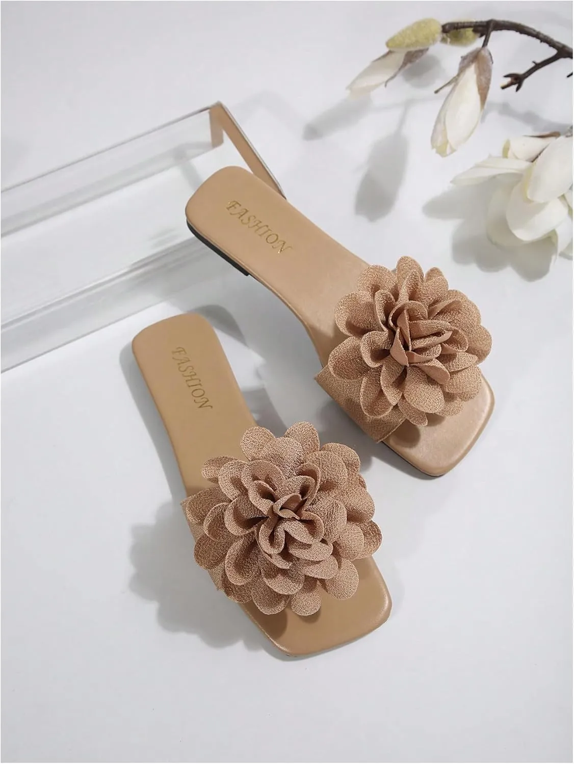 Women's 3D Floral Flat Sandals Dressy Square Open Toe Sandals Single Band Casual Slip on Slides