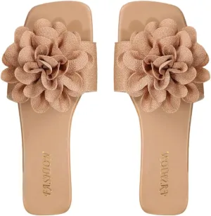 Women's 3D Floral Flat Sandals Dressy Square Open Toe Sandals Single Band Casual Slip on Slides